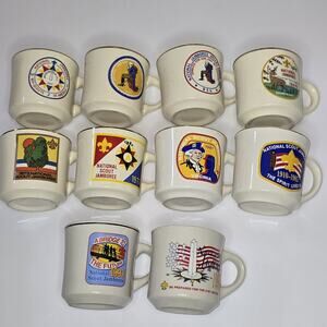 vintage national boy scout national jamboree 10 coffee mugs 1937-1997
